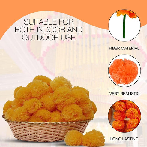 Marigold Garland for Decoration, 5 Feet Long Strands of Artificial Flowers, Indian Décor for Wedding, Christmas, Events
