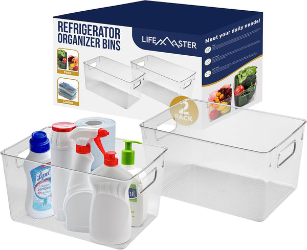 Multi-purpose Refrigerator Bins, 2 Pieces Large Capacity Stackable Fridge Bin Organizer with Easy Grip Handles