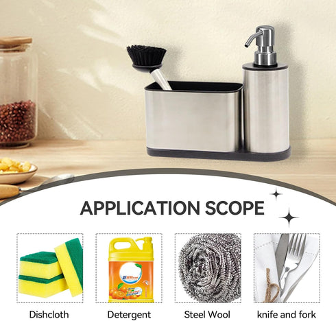 Kitchen Dish Soap Dispensers, Stainless Steel Sink Organizer with Storage and Brush for Countertop