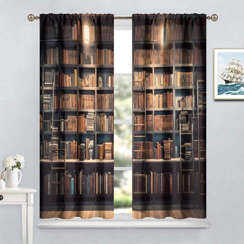 YCness 2 Sets,42x45 Inch Bookshelf Curtains, Vintage Library with Books Window Treatments for Kids Bedroom, Wooden