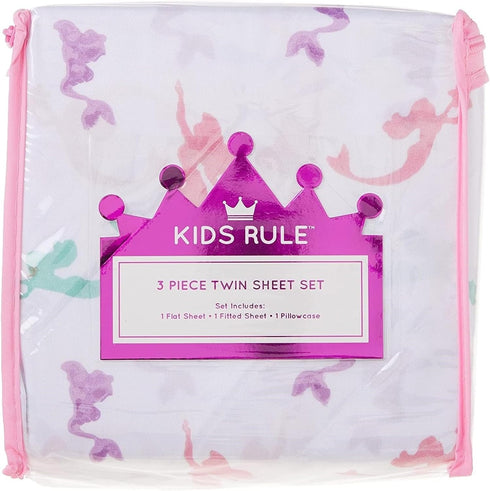 3-Piece Multicolored Mermaid Sheet Set for Kids & Girls, 1 Twin Flat Sheet, 1 Twin Fitted Sheet & 1 Queen Pillowcase