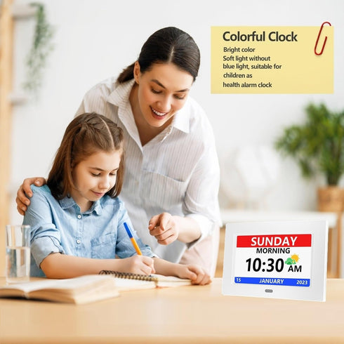 Large Display Digital Clock with Day and Date for Elderly, 7 Inch, 5 Alarm, 3 Medicine Reminders, Dementia Clock, White
