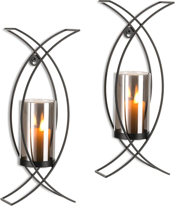Candle Sconces Decorative Wall Art Set of 2 Black - Hurricane Candle