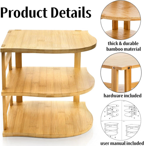 3-Tier Countertop 9.5 9.5 9.5 Inch Goaste Bamboo Corner Shelf, Kitchen Storage Organizer, Cabinet Plate Rack for Pantry