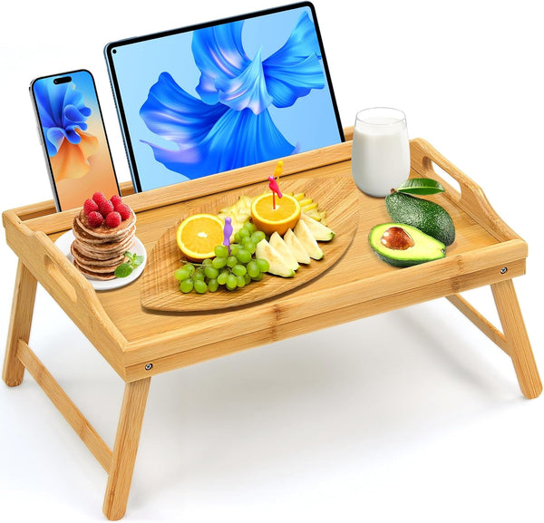 Lesnople Tray Table for Bed, Bamboo Breakfast Tray with Folding Legs and Handles,