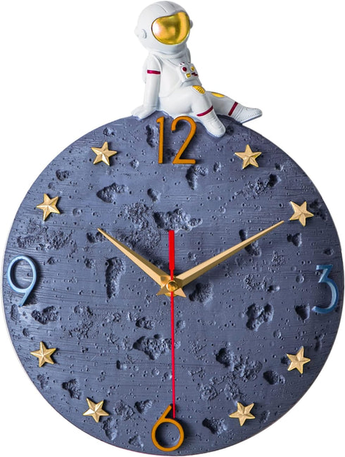 Space Theme Wall Clock, Astronaut Moon Wall Clock, 12 Inch Grey Modern