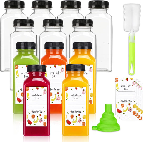 Leaflai Plastic Juice Bottles with Caps 12Pcs -12oz Reusable Juice Containers with Tamper