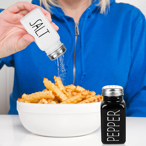 2 Pack Set, Salt and Pepper Shakers Glass Shaker with Stainless Steel Lid, Modern and Cute Farmhouse (Black and White)