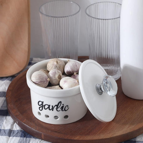 HAOTOP Garlic Keeper with Crystal Lid, 12.5 oz Ceramic Garlic Saver Container for Countertop, Farmhouse Kitchen Decor (Silver)