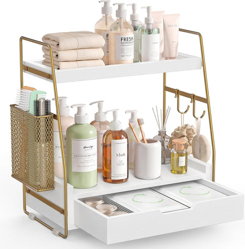 ROPALINS 2-Tier Bathroom Counter Organizer with Drawer & Removable Basket, Wood & Metal