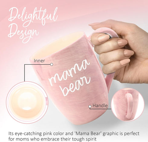 Pavilion Large Ceramic Coffee Mug with "Mama Bear" Design, Microwave & Dishwasher Compatible, Pink, 20 oz