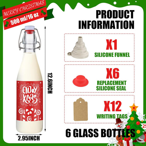 6 Set 16 oz Sieral Coquito Bottles Christmas Swing Top Glass Bottles Flip Top Brewing Bottle for Vanilla Extract