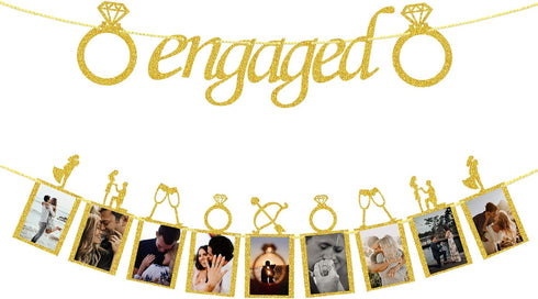 Engagement Wedding Decorations, Gold Engaged Banner and Photo Banner with Romantic Memories Picture Card Frames
