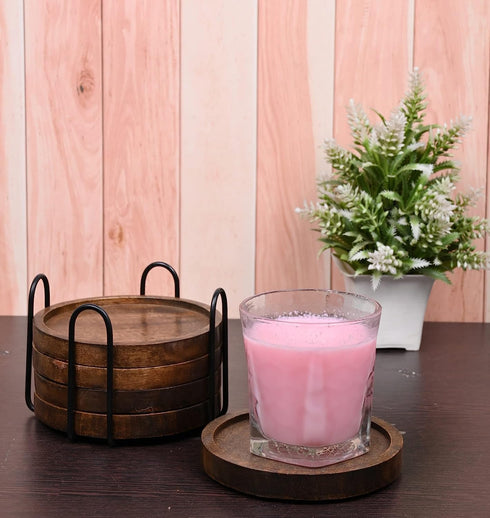 Mango Wood Coasters Set of 5 with Iron Holder Stand, Protects Countertops from Water Marks