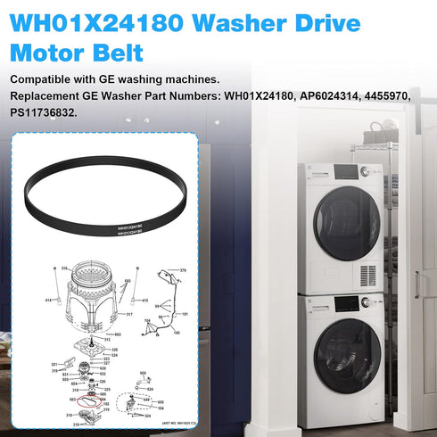 WH01X24180 Washer Drive Belt Replacement GE Washer Belt Parts AP6024314,4455970,PS11736832- GE Front Load Washer Belt 23" Long, 5 Ribs, 4 Grooves