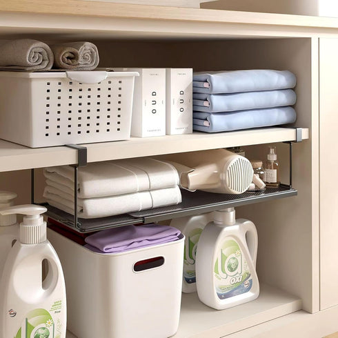 Expandable Under Cabinet Shelf with 6.5 Inch Long Clips for Pantry, Laundry Room, Shoe Shelf - Black, 1 Pack, 5.12" H x