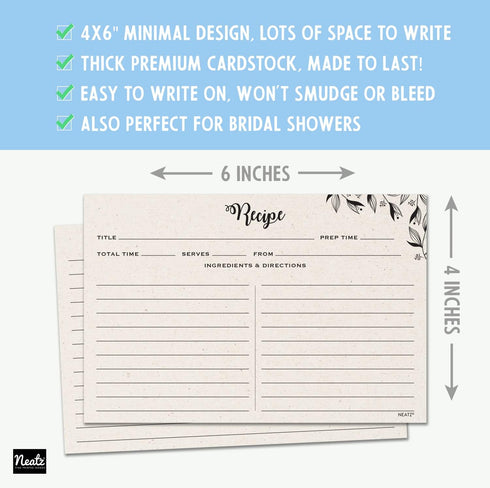 Spacious Recipe Cards 4x6” - 50 Count, Double-Sided Thick Card Stock for Recipe Box and Binder
