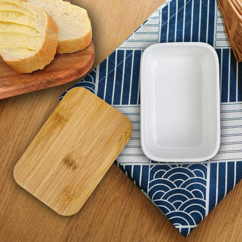 Arswin Countertop (300ml) Porcelain Butter Dish with Bamboo Lid, Ceramic Butter Keeper Container for or Refrigerator