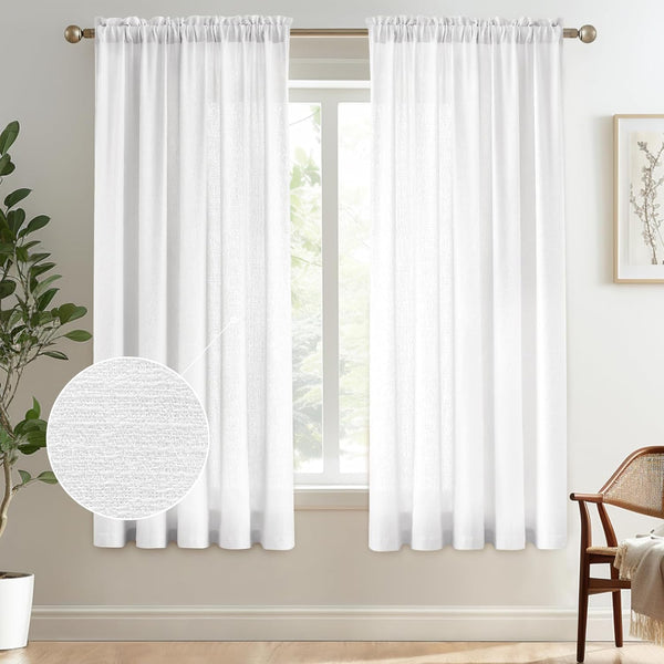 Melodieux White Semi Sheer Curtains, 63 Inch Length for Bedroom Living Room, 2 Panels, Light Filtering Drapes