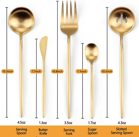 Large Serving Utensils Set,5 Pcs Stainless Steel Gold Serving utensils with 10.8 Inch Serving Fork,10.3 Inch Serving Spoon and Slotted Serving Spoon,Sugar Spoon and Butter Knife for Buffet by targzier