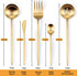 Large Serving Utensils Set,5 Pcs Stainless Steel Gold Serving utensils with 10.8 Inch Serving Fork,10.3 Inch Serving Spoon and Slotted Serving Spoon,Sugar Spoon and Butter Knife for Buffet by targzier
