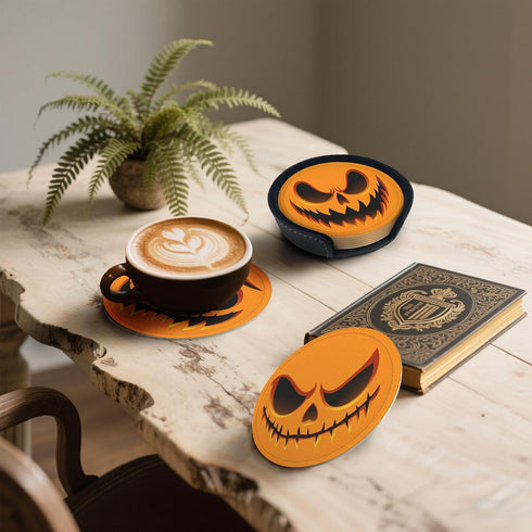 6 Pcs Halloween Pumpkin Drink Coasters with Holder Coasters for Drinks Coffee Table Home Decor Housewarming Gift