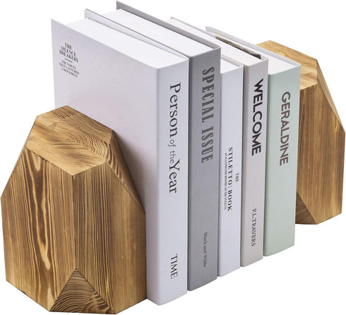 Set of 2 Rustic Burnt Solid Wood Geometric Style Bookends by MyGift