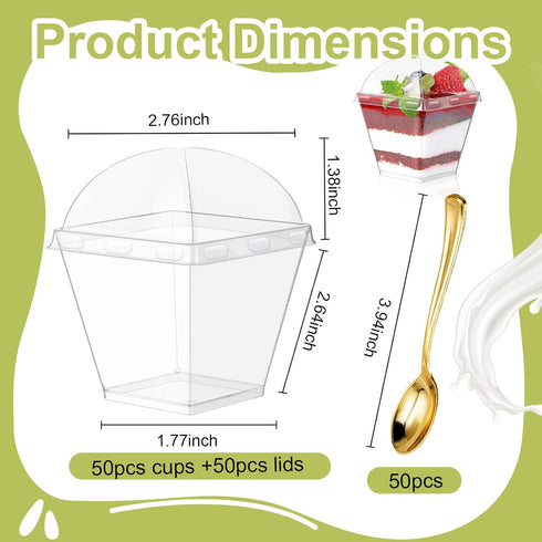 150 Pack 8oz 50, Square Plastic Dessert Cups with Dome Lids and Mini Gold Spoons, Clear Yogurt Parfait Cups Serves