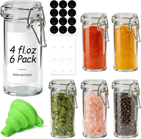 ComSaf 4 oz Glass Spice Jars with Airtight Clamp Lids, 6 Pack
