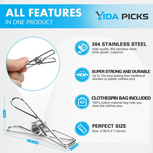 Heavy Duty Wire Clothes Pins 40 Pack, Stainless Steel Clothes Pegs for Hanging Clothes, 1.8mm Diameter 6cm Long