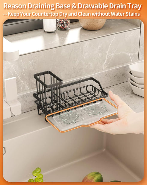 SWTYMIKI Sink Caddy Sponge Holder for Kitchen, Stainless Steel Organizer with High Brush Holder for Countertop
