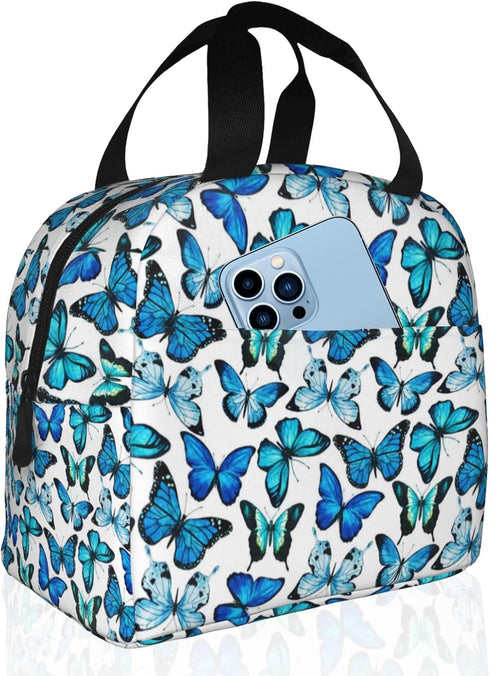 Insulated Lunch Bag Box for Women, Blue Butterfly Print Cooler Thermal Waterproof Tote Bag for Work & Picnic