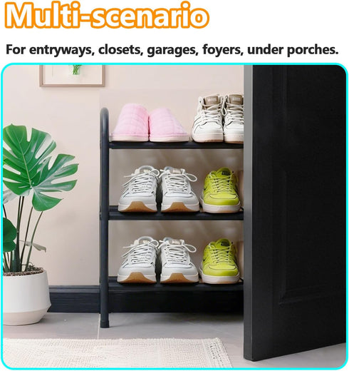 3 Closet,Slim Expandable Shoe Rack, Tier Adjustable Shoe Organizer Shelf for Narrow Black Metal Free Standing Shoe Rack