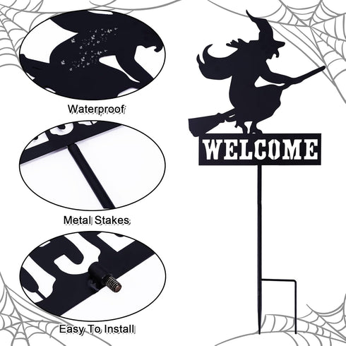 Whaline Halloween Welcome Sign with Stake, Spooky Witch on Broom Door Hanger, Black Witches Silhouette Garden Stakes