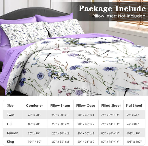 Set 5 Sets Pamnest Comforter Twin Size, Botanical Flower Dragonfly Pcs Bedding for Kids and Adults, Herb Plant