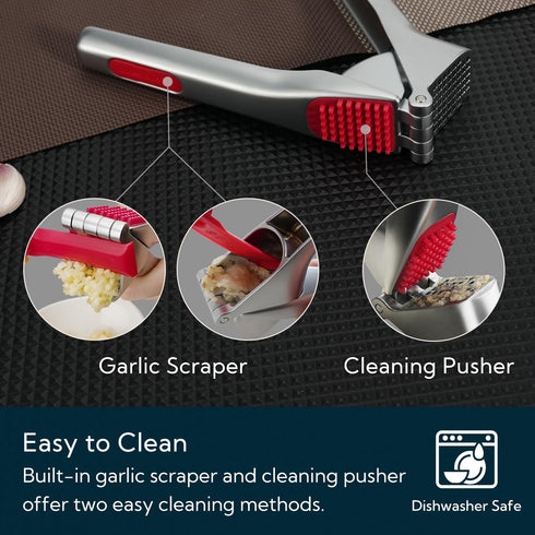 KITCHENDAO Heavy-Duty Garlic Press with Built-in Scraper & Cleaning Pusher, No Peeling Garlic Crusher with Large