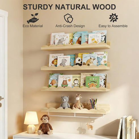 24 Inch Set 4, Fixwal Nursery Shelves, Floating Bookshelves for Wall of Scalloped Wall Book Shelves with Towel Rack