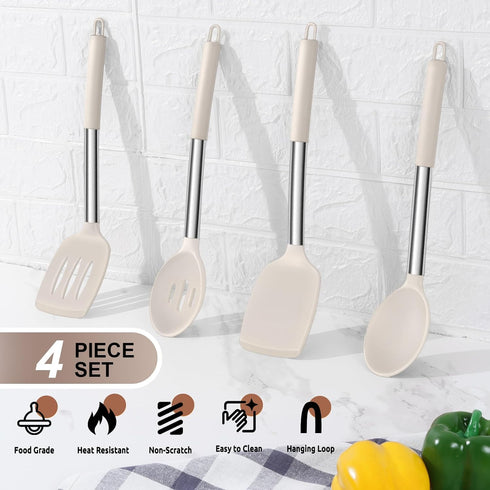 E-far Cooking Utensils Set of 4 - Silicone Kitchen Utensils for Non-stick Cookware, Heat Resistant, Khaki