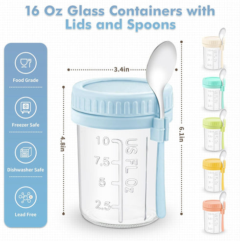 6 Pack 16 Oz DRKIO Overnight Oats Containers with Lids and Spoons Glass Mason Jars for Overnight Oats Leak Proof