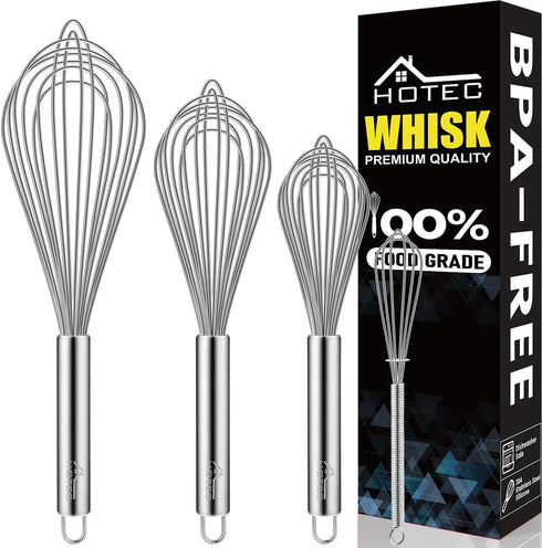 HOTEC 4 Pieces Stainless Steel Whisks Set - Wire Whisk, Balloon Whisk, Egg Beater Kitchen Utensils for Stirring