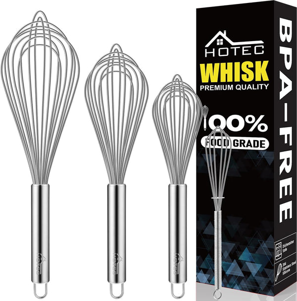 HOTEC 4 Pieces Stainless Steel Whisks Set - Wire Whisk, Balloon Whisk, Egg Beater Kitchen Utensils for Stirring