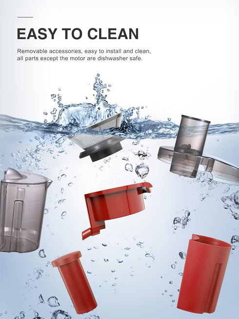QCen Juicer Machine 500W Centrifugal Extractor, 3” Wide Mouth Feed Chute, Easy to Clean, Stainless Steel, Red