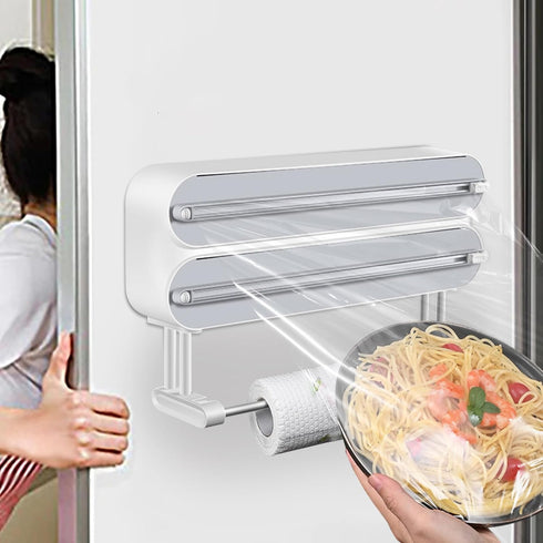 AUSTUFF 3 1 in Plastic Wrap Dispenser with CutterMagnetic Aluminum Foil and Adhesive Film Organizer, Wall Mount Kitchen