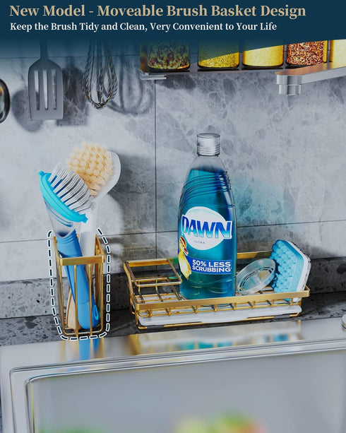 Consumest Sink Caddy, Kitchen Sponge Holder + Dish Brush Holder for Kitchen Sink, Sink Organizer with Drip Tray for Countertop, Stainless Steel Rustproof - Gold by Consumest