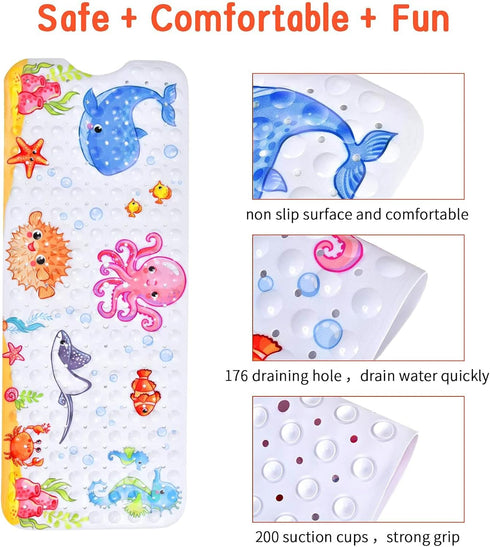 40 Inch 16 Inch-Rectangular, Secopad Bath Mat for Tub Non Slip, Machine Washable Anti-Slip Cartoon Baby Bathtub Shower