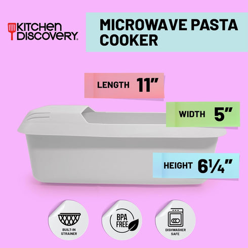 Microwave Pasta Cooker- No Waiting, No Mess, No Stick Microwave Pasta Cooker with Strainer Lid Ready In As Little As 10 Minutes for up to 4 Servings- Microwave Spaghetti and Noodle Cooker by Kitchen Discovery