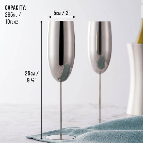 Oak & Steel 4 Silver Stainless Steel Champagne Flutes with Gift Box, 284 ml - Elegant & Unbreakable for Outdoor Parties
