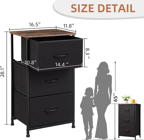 Somdot Small Dresser for Bedroom - 3 Drawers Storage Chest with Removable Fabric Bins for Closet, Black