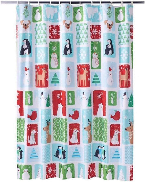 Christmas Holiday Cheer Fabric Shower Curtain - Winter Theme with Snowmen, Penguins, Polar Bears, Deer, 70x70 inch