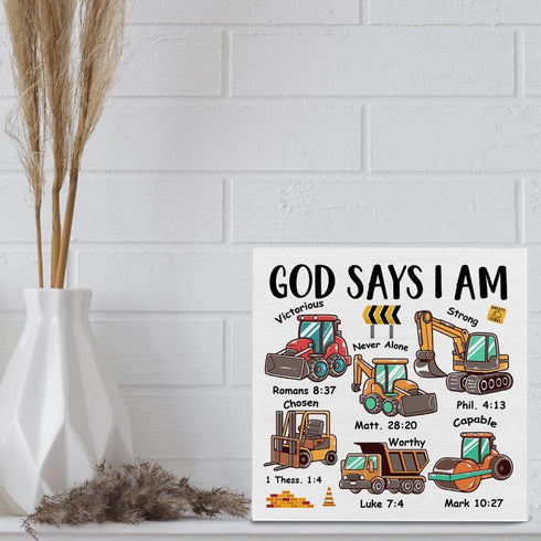Qlnuk Religious God Says I Am Construction Wood Block Sign Nursery Bible Verse Truck Decor for Home Table Desk Shelf